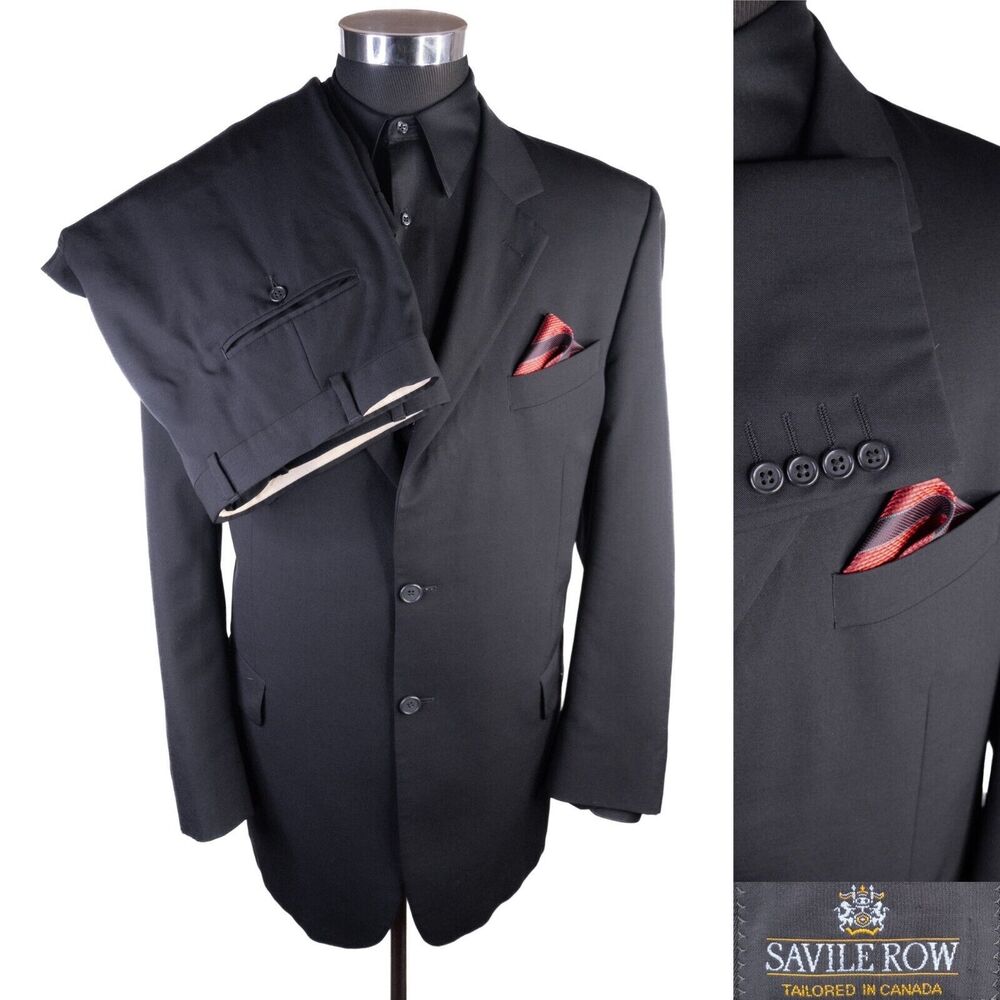 Savile Row 2-Pcs Suit Solid Black Blazer Jacket Pants 42R Short Pants 40X26